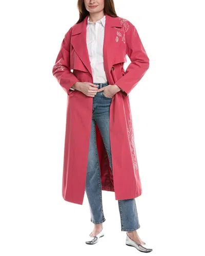 Nvlt Longline Embroidered Double-breasted Belted Trench Coat In Red