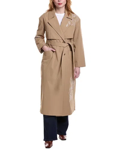 Nvlt Longline Embroidered Double-breasted Belted Trench Coat In Burgundy