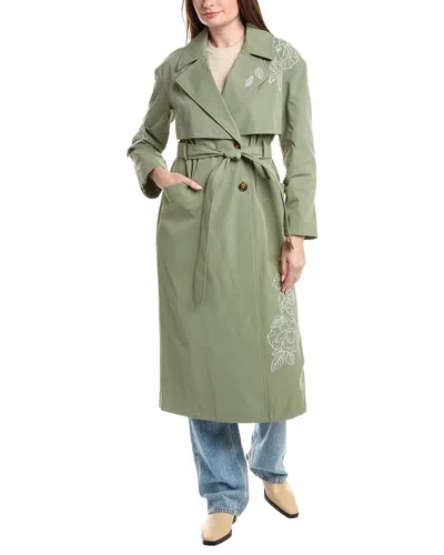 Nvlt Longline Embroidered Double-breasted Belted Trench Coat In Green