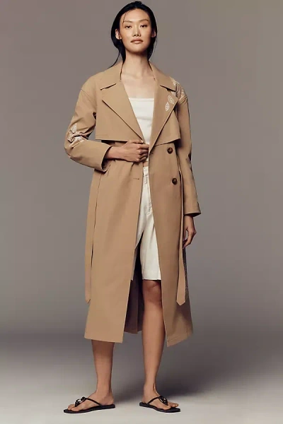 Nvlt Longline Embroidered Trench Coat Jacket In Sand