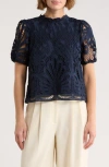 Nvlt Mock Neck Short Sleeve Lace Top In Blue