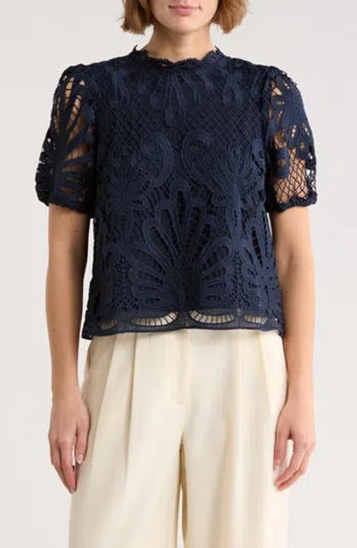 Nvlt Mock Neck Short Sleeve Lace Top In Blue