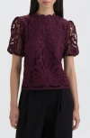 Nvlt Mock Neck Short Sleeve Lace Top In Burgundy