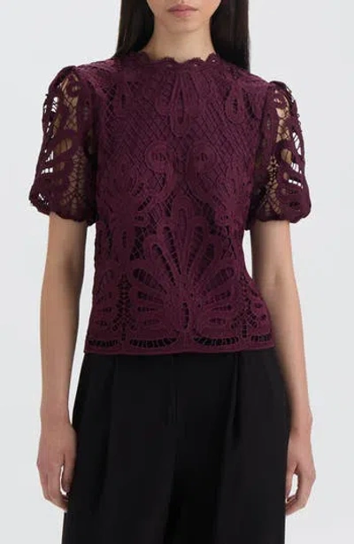 Nvlt Mock Neck Short Sleeve Lace Top In Burgundy