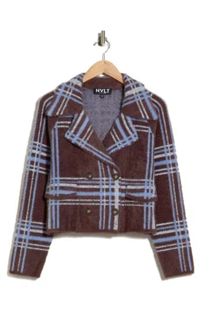 Nvlt Plaid Double Breasted Sweater Jacket In Dark Chocolate Plaid