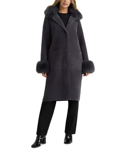 Nvlt Removable Faux Fur Trim Longline Coatigan In Blue