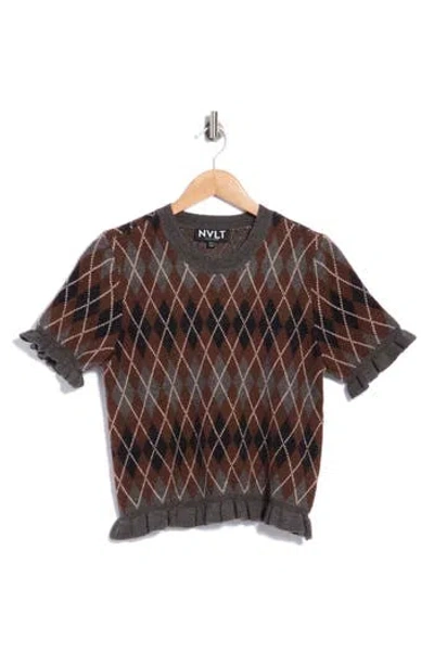 Nvlt Ruffle Sleeve Argyle Sweater In Brown