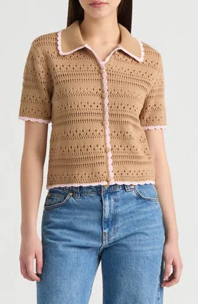 Nvlt Scalloped Short Sleeve Crochet Cardigan In Camel