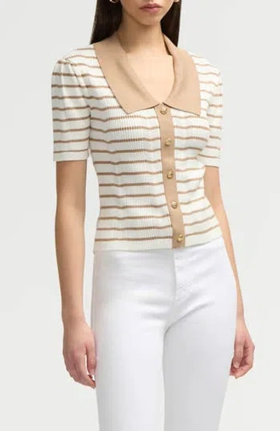Nvlt Stripe Short Sleeve Cotton Blend Sweater In Camel/marshmallow Stripe