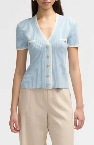 Nvlt Stripe Short Sleeve Crop Cardigan In Baby Blue/marshmallow