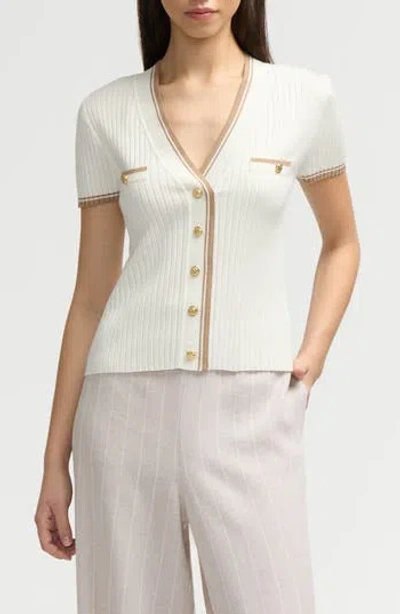 Nvlt Stripe Short Sleeve Crop Cardigan In Marshmallow/camel