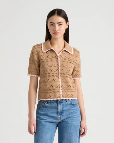 Nvlt Women's Button Front Crochet Sweater With Contrast Edge In Brown