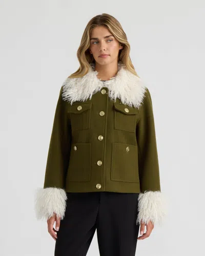 Nvlt Women's Faux Wool Short Jacket With Mongolian Faux Fur Collar In Green