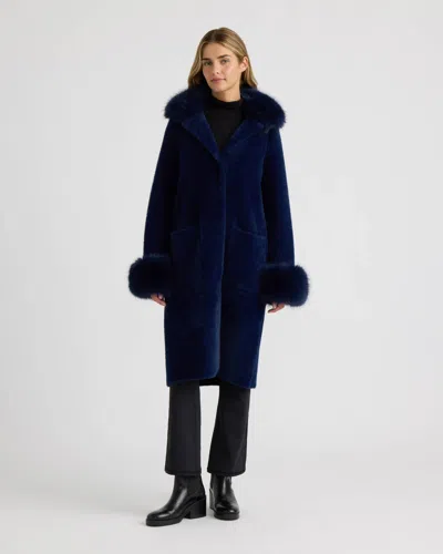 Nvlt Women's Longline Coatigan With Removable Faux Fur Collar And Cuffs In Blue