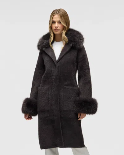 Nvlt Women's Longline Elegant Coatigan With Detachable Fur Collar And Cuffs In Brown
