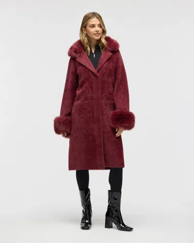Nvlt Women's Longline Elegant Coatigan With Detachable Fur Collar And Cuffs In Red