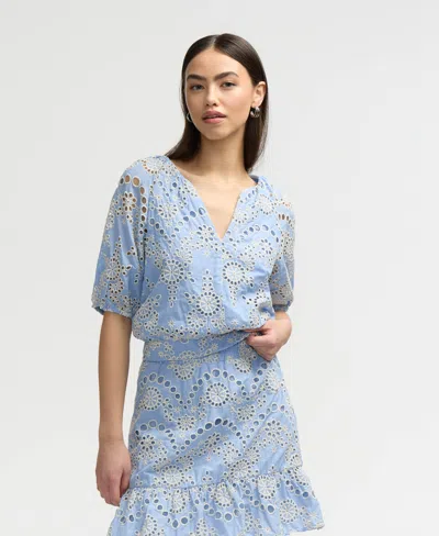 Nvlt Women's Puff Sleeve Eyelet Top In Blue