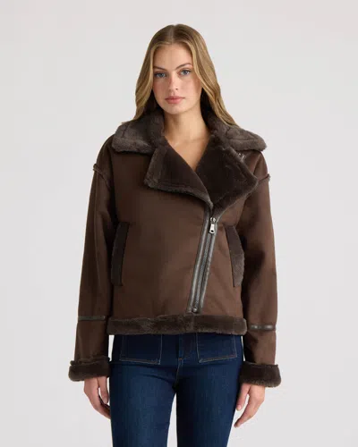 Nvlt Women's Short Faux Suede Bonded To Faux Fur Shearling Biker Jacket In Brown