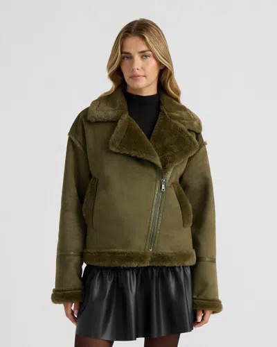 Nvlt Women's Short Faux Suede Bonded To Faux Fur Shearling Biker Jacket In Green