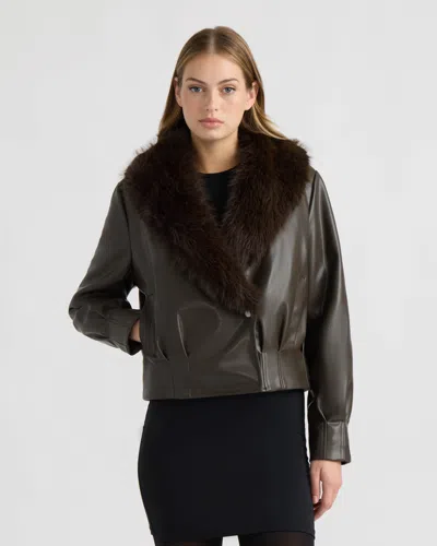 Nvlt Women's Vegan Leather Bomber Jacket With Faux Fur Collar In Brown