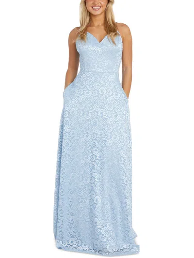 Nw Nightway Petites Womens Lace Long Evening Dress In Blue