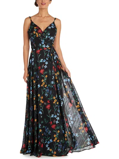 Nw Nightway Womens Floral Print Faux Wrap Evening Dress In Black