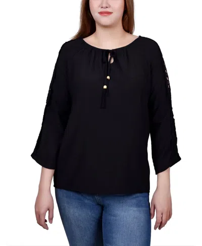 Ny Collection 3/4 Sleeve Crochet Detail Blouse In Black