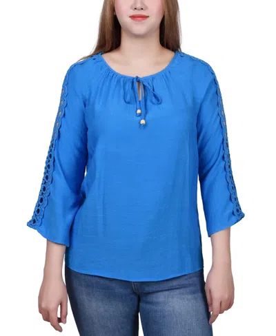 Ny Collection 3/4 Sleeve Crochet Detail Blouse In Blue