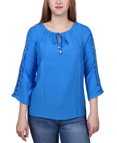 Ny Collection Petite 3/4 Sleeve Tunic With Crochet And Tie Neck In Blue