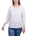 Ny Collection Petite 3/4 Sleeve Tunic With Crochet And Tie Neck In White