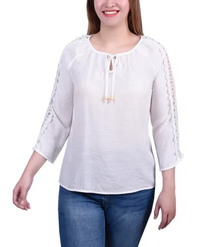 Ny Collection 3/4 Sleeve Crochet Detail Blouse In White
