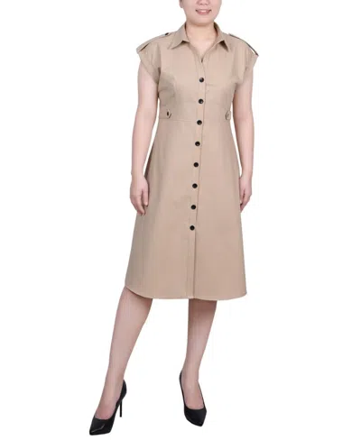 Ny Collection Button Front Dress Womens L Beige Linen-blend Sleeveless Fts1466 In Neutral