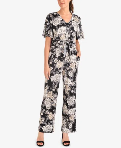 Ny Collection Floral-print Tie-front Jumpsuit In Black Flowerbom