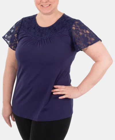 Ny Collection Lace-contrast Top In Navy Mariajose