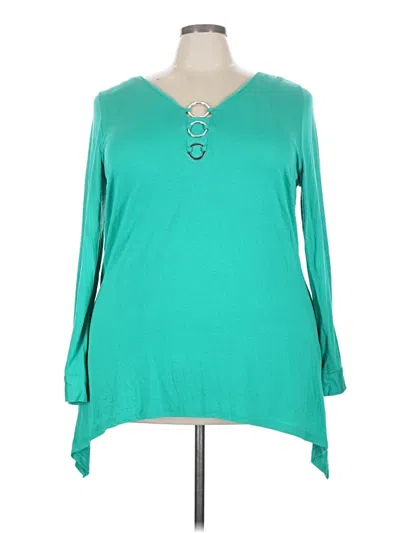 Pre-owned Ny Collection Long Sleeve Top Teal Keyhole Neckline Tops
