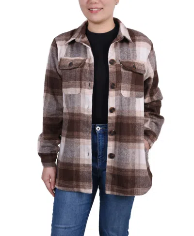 Ny Collection Long Sleeve Twill Shirt Jacket In Brown Plaid