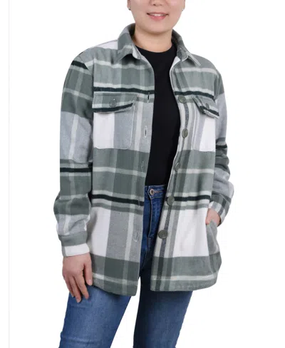 Ny Collection Long Sleeve Twill Shirt Jacket In Green Plaid