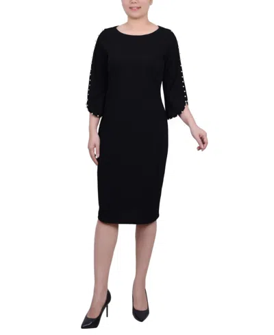Ny Collection Petite 3/4 Cultivated Pearl-detail Petal Sleeve Dress In Black