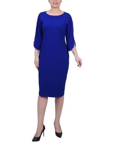 Ny Collection Petite 3/4 Cultivated Pearl Detail Petal Sleeve Dress In Blue