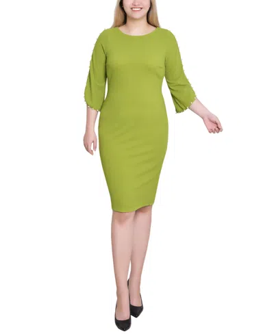 Ny Collection Petite 3/4 Cultivated Pearl-detail Petal Sleeve Dress In Green