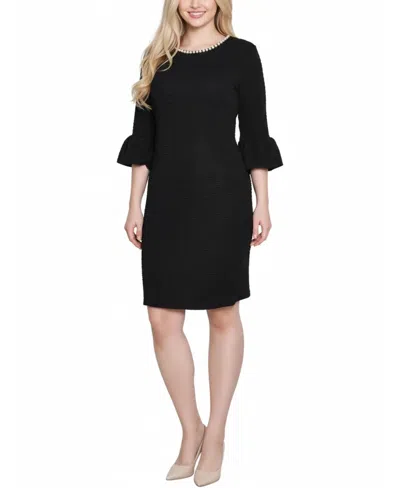 Ny Collection Petite 3/4 Length Pearl Detail Dress In Black