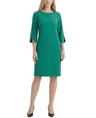 Ny Collection Petite 3/4 Mother Of Pearl-detail Petal Sleeve Dress In Green