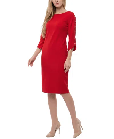 Ny Collection Petite 3/4 Mother Of Pearl-detail Petal Sleeve Dress In Red
