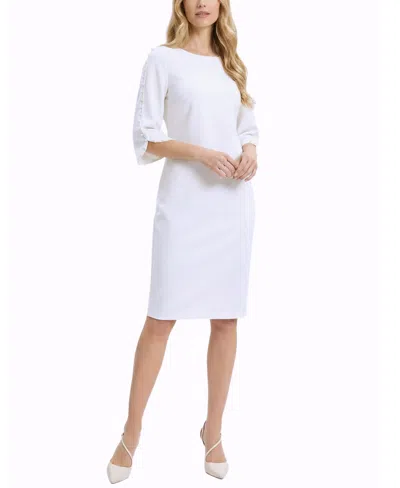 Ny Collection Petite 3/4 Mother Of Pearl-detail Petal Sleeve Dress In White
