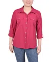 Ny Collection Petite 3/4 Roll Tab Blouse With Pockets In Sangria
