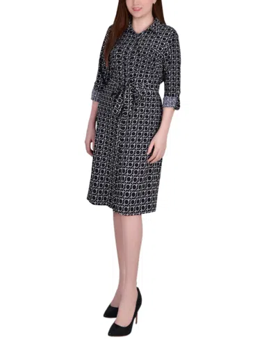 Ny Collection Petite 3/4 Roll Tab Sleeve Belted Shirtdress In Black