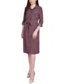 Ny Collection Petite Geometric Printed Long Sleeve Roll Tab Shirtdress In Brown
