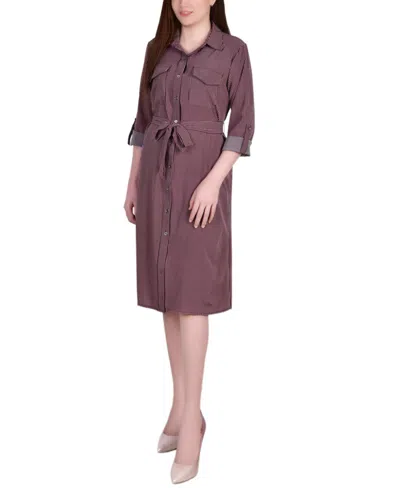 Ny Collection Petite 3/4 Roll Tab Sleeve Belted Shirtdress In Brown