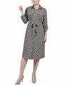 Ny Collection Petite Geometric Printed Long Sleeve Roll Tab Shirtdress In Gray