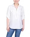 Ny Collection Petite 3/4 Roll Tab Sleeve Zip Front Blouse In White